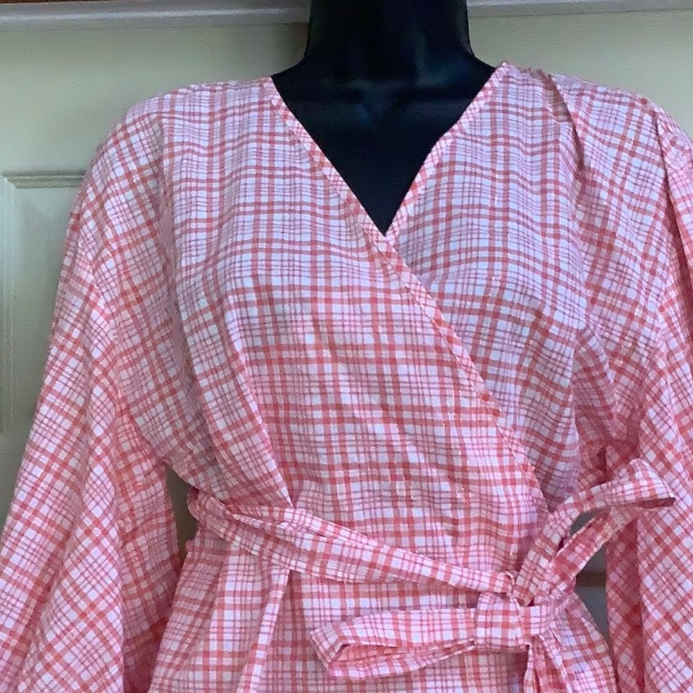 NWT MICHAEL MICHAEL KORS Coral Tie Plaid Long Sleeve Surplice Neckline Blouse - Picture 5 of 13
